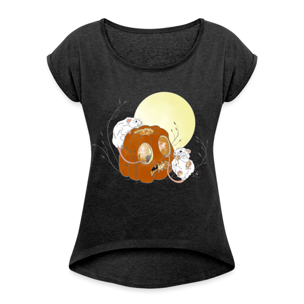 Pumpkin Mice / Roll Cuff T-Shirt - heather black