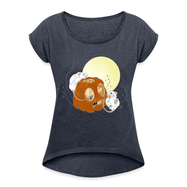 Pumpkin Mice / Roll Cuff T-Shirt - navy heather